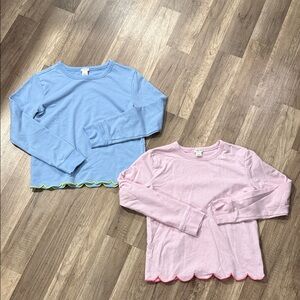 Blue and Pink Long Sleeve Tops with Scalloped Hem